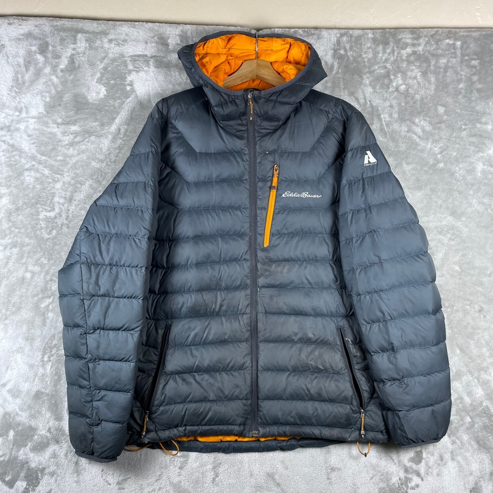 Eddie Bauer Puffer Jacket Mens L Gray First Ascent EB800 Down Hooded Puffer READ